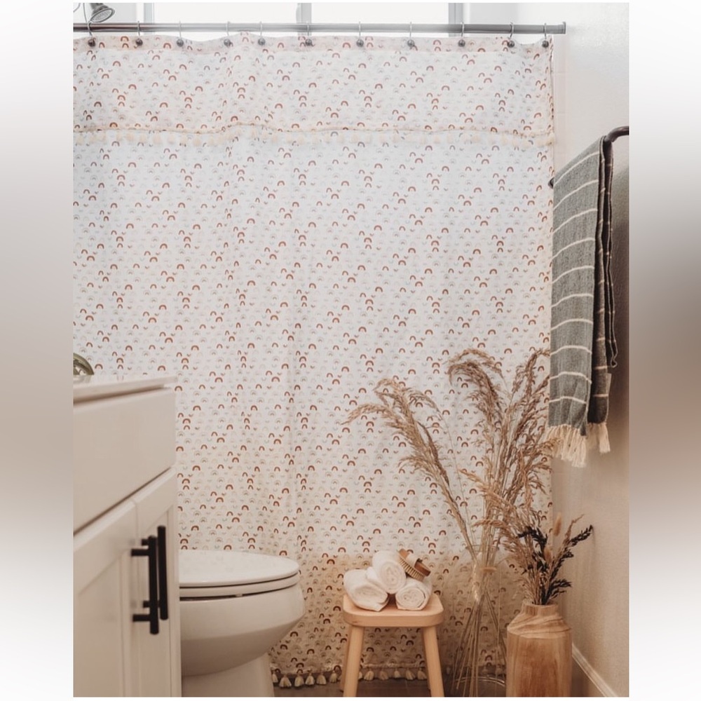 Elegant Cream Organic Linen Rainbow Pattern Shower Curtain with Tassels